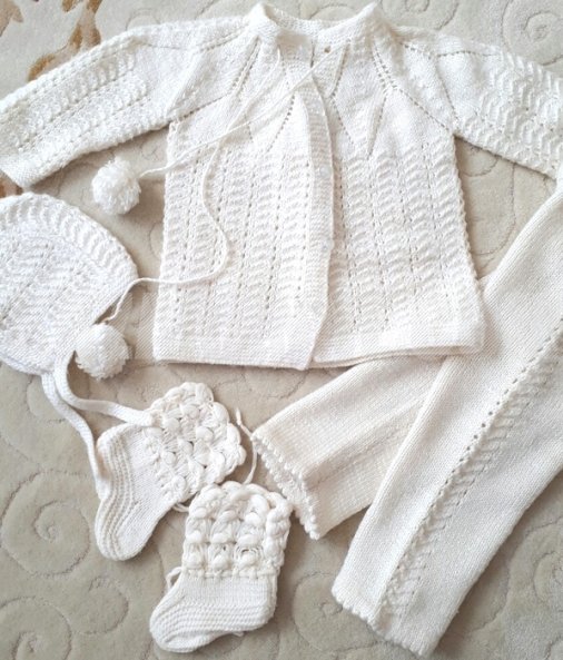 El Örgüsü Bebek Hırka Pantolon Şapka Patik Takım